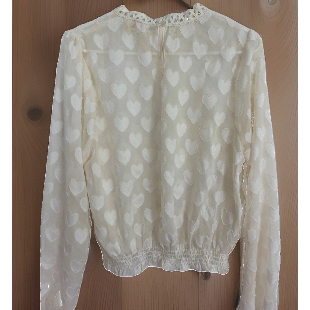 Heart Sheer Blouse Women XL Cream Romantic Twee Top Feminine Balloon Sleeve - Picture 2 of 9